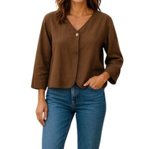 LAUREN VIDAL Linen Blend Overshirt Brown One Button Long Sleeve Collarless Small